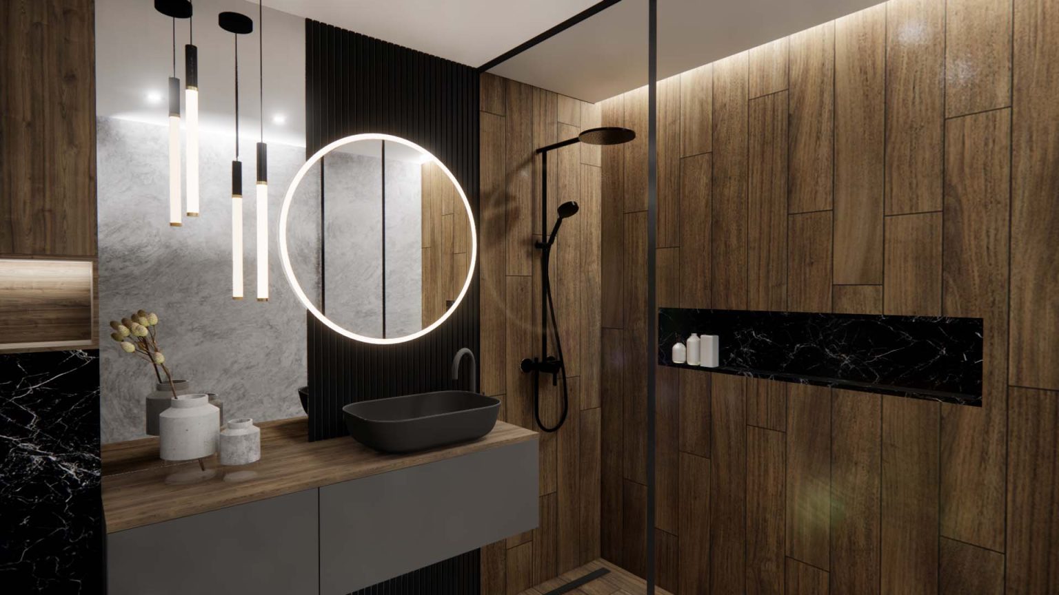 Projection réaliste : salle de bain , vue sur la douche – appartement Ébène