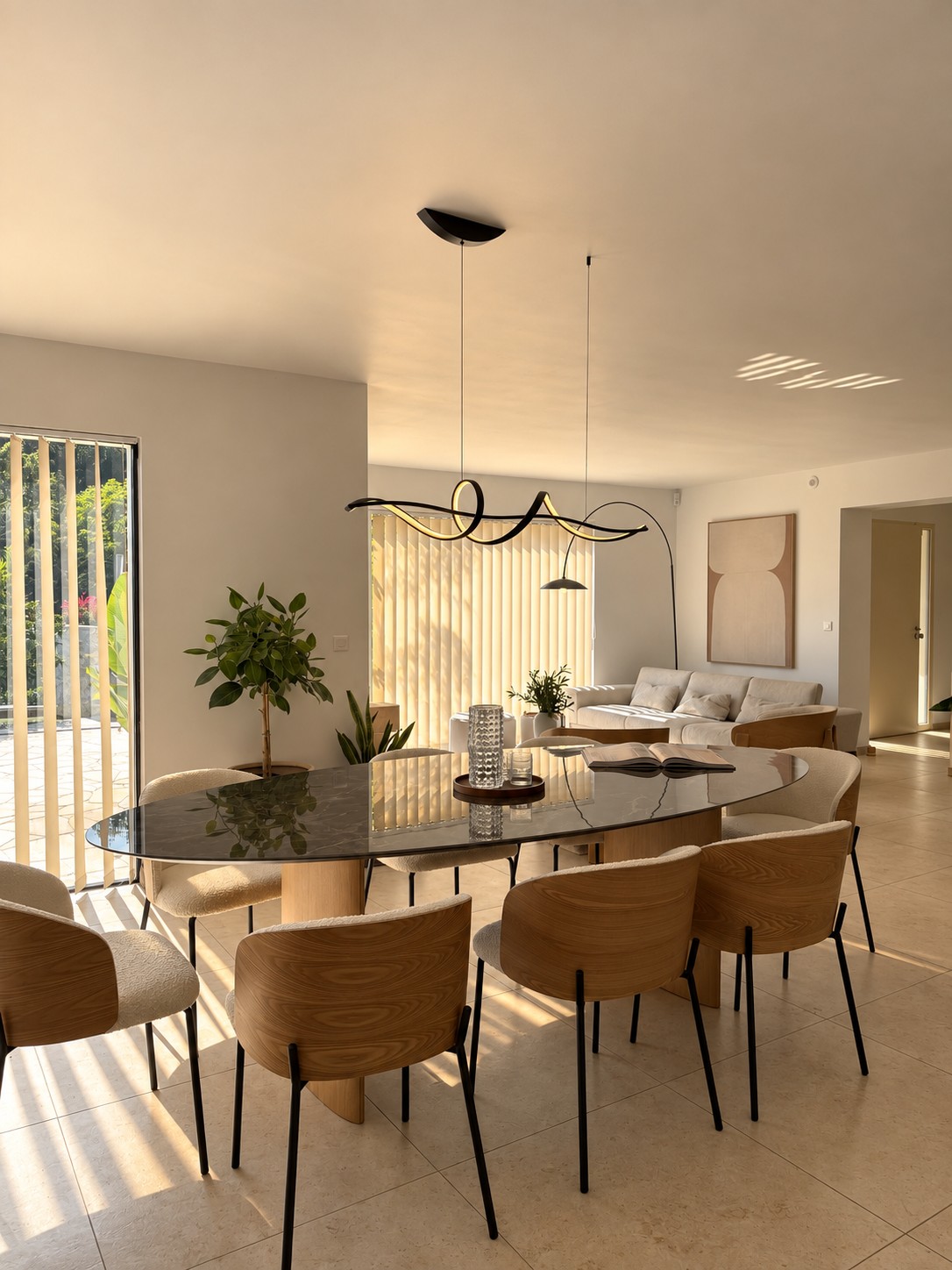 Salle à manger ouverte sur le séjour lumineux – villa Nova à Vence